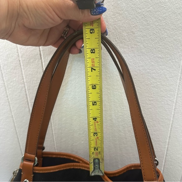 Lauren Ralph Lauren Black White Striped Canvas Tote Bag, Tan Base, Leather Trim - Picture 7 of 13